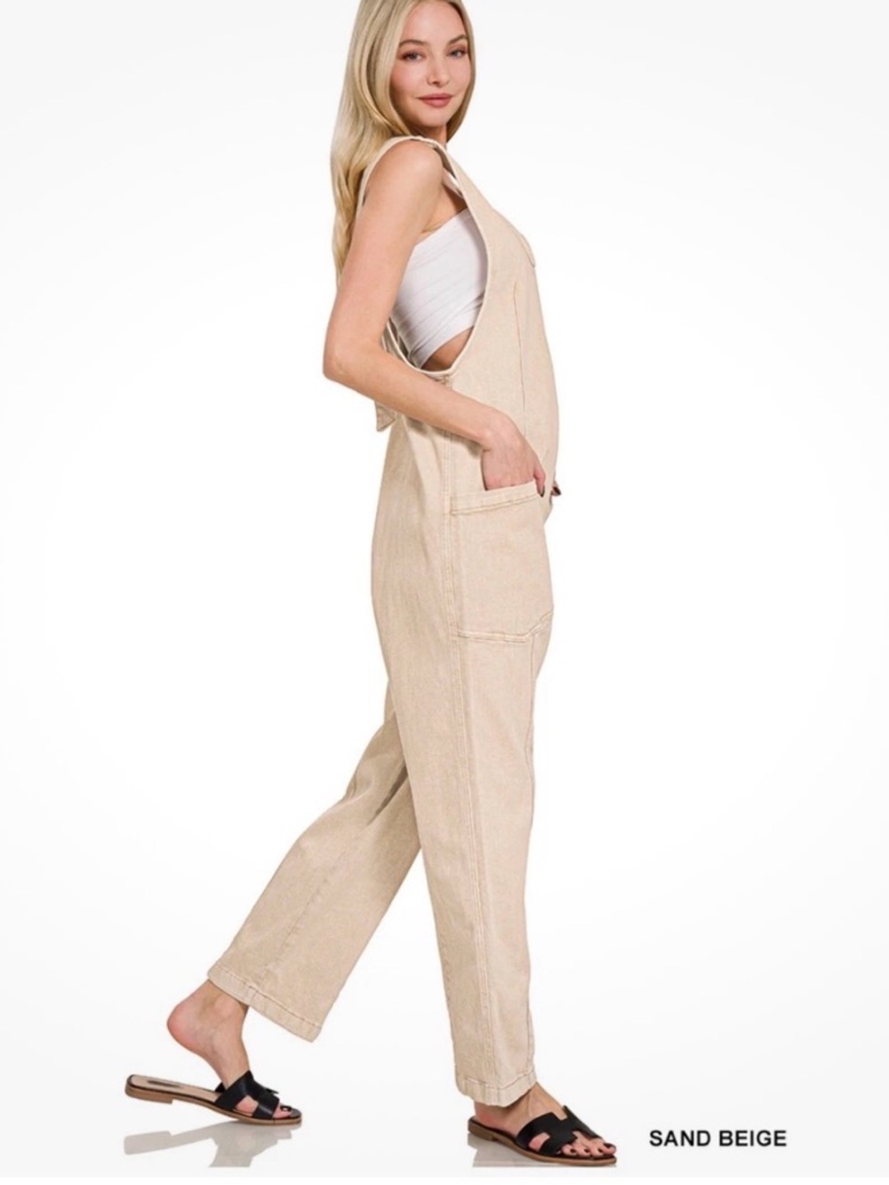 NWT Zenana Sand Beige Denim overall oversized - Picture 2 of 3